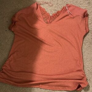Lace-Trim V-Neck Women's Top - Coral Pink